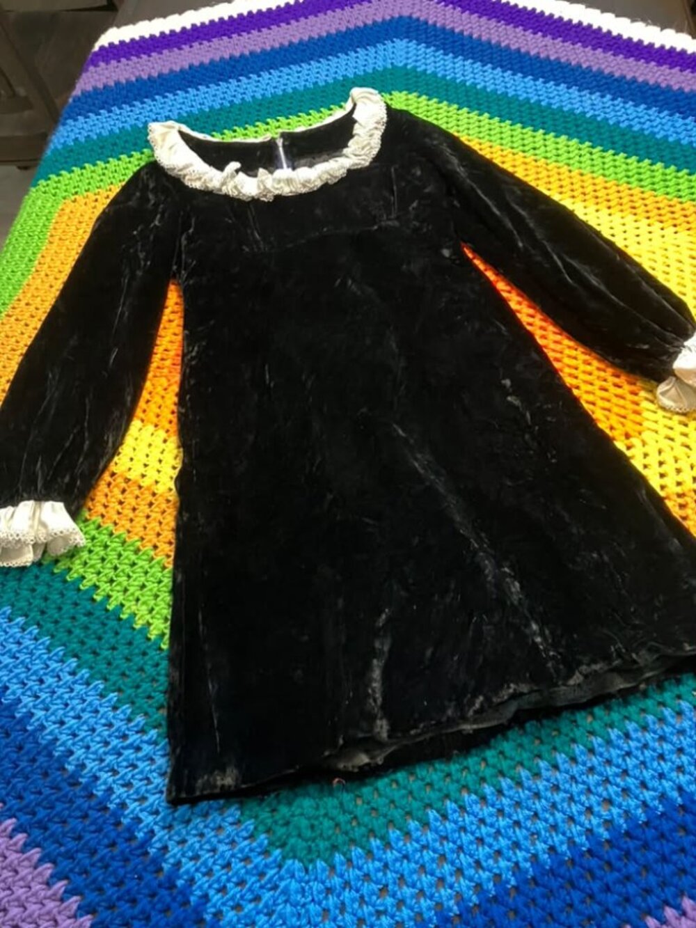 60's Vintage Black Velvet Wednesday Adams Family Mod GoGo Goth Mini Dress *FLAW